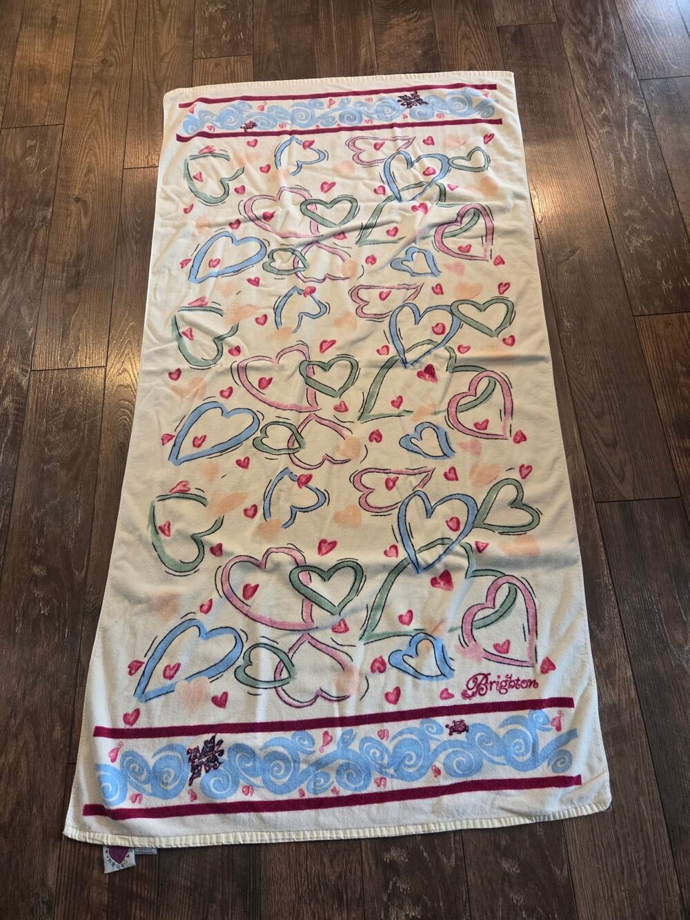 Brighton White Blue & Pink Heart Beach Towel Vintage 100% Cotton